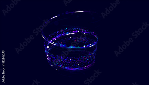 Abstract spiral of luminous particles and light trails on dark vector background, symbolizing data flow, digital transformation, energy, artificial intelligence and high speed information  concept