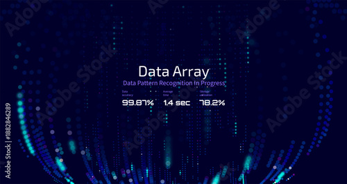 Futuristic data array visualization with flowing particle waves and digital interface representing big data analysis, pattern recognition, artificial intelligence, machine learning vector background