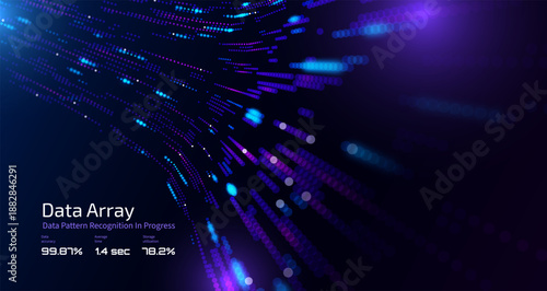 Futuristic data array visualization with flowing particle waves and digital interface representing big data analysis, pattern recognition, artificial intelligence, machine learning vector background