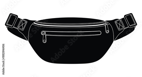 a detailed black and white illustration depicts a stylish fanny pack or belt bag design showcasing its compartments and straps silhouette