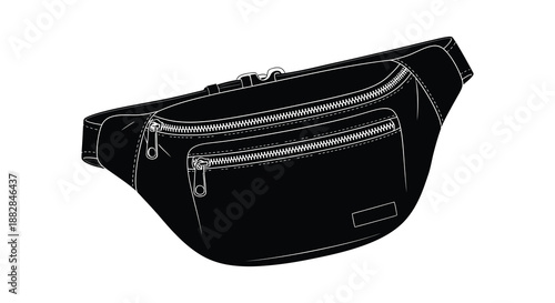 a detailed line drawing showcasing a black fanny pack or waist bag design with multiple zipper pockets and a sleek modern silhouette
