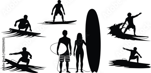 Set of surfing silhouettes with surfers riding waves and standing with surfboard, beach summer sport collection for ocean adventure design and vector icons.