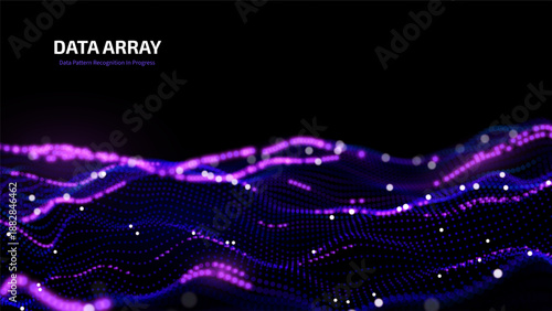 Futuristic data array visualization with flowing particle waves and digital interface representing big data analysis, pattern recognition, artificial intelligence, machine learning vector background