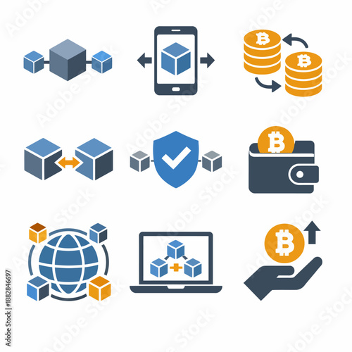 Blockchain and cryptocurrency icons illustrating decentralized finance concepts