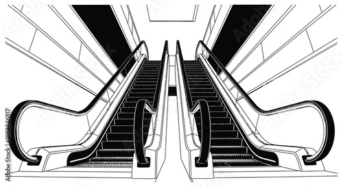 a striking black and white illustration showcasing two escalators converging upwards in a symmetrical and modern architectural design silhouette high quality