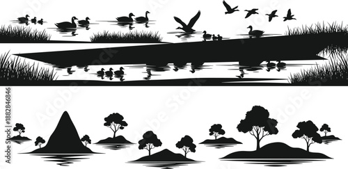 Black lake landscape silhouette illustration, ducks swimming and flying with reeds, reflections, islands and trees, peaceful nature scenery vector design