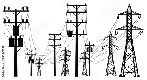 a striking illustration showcasing various electrical power lines and towers against a stark white background a detailed silhouette high quality professional