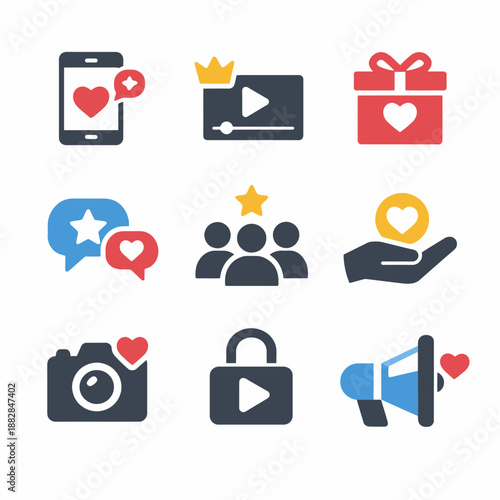 Colorful social media icons: mobile video gift chat group camera security megaphone