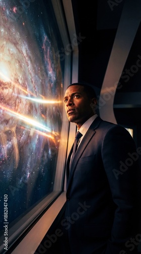 Futuristic businessman exploring a starry galaxy orbit with three-dimensional, attitude, businessman, secure, ethnicity, ahead, issue