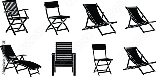Set of eight chair silhouettes including folding chairs and beach lounge deckchairs, black outdoor furniture icons for patio, camping, relaxation and vector design.