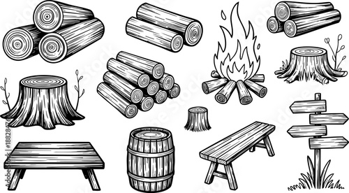 Wood and Camping Icon Set – Logs, Campfire, Stump, Barrel, and Outdoor Nature Elements EPS Vector