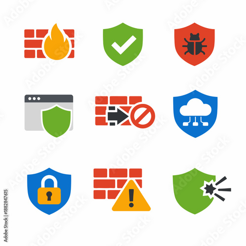 Cybersecurity icons: firewall, malware, cloud protection, shield, and warning symbols