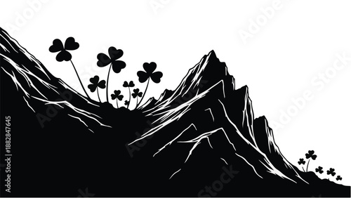Lucky clovers growing on rugged mountain peaks under a bright sky.