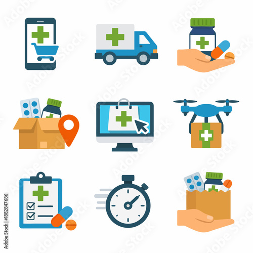 Healthcare delivery icons: medicine, technology, and logistics