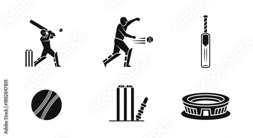 Black and white cricket sport icons set including batsman, bowler, bat, ball, wickets, and stadium illustration for game-themed designs