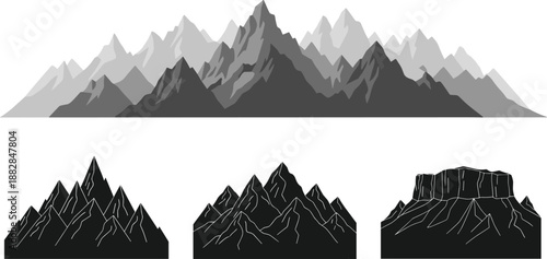 Mountain landscape illustration set with layered grey peaks and black silhouette ranges, rugged rocky cliffs for adventure branding, hiking posters, and nature vector design.
