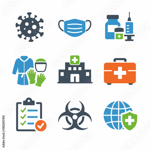 Healthcare icons: virus, mask, vaccine, ppe, hospital, first aid, biohazard, global health