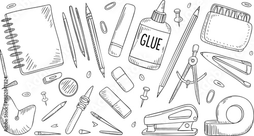 Stationery and School Supplies Icon Set – Pencil, Notebook, Glue, Pen, and Office Tools EPS Pack