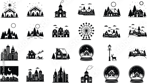 Black winter village and city silhouette icon set, Christmas houses, church, ferris wheel, snow globe, forest scenes, minimalist vector illustration collection