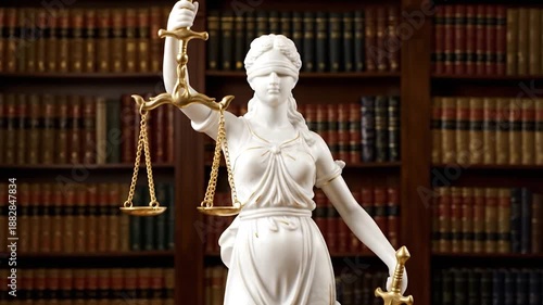 White statue of blindfolded Lady Justice with scales and sword before bookcases