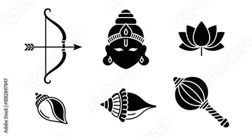 Elegant Collection of Spiritual and Cultural Vector Icons Representing Traditional Mythological Elements and Sacred Objects in a Stylized Silhouette Form