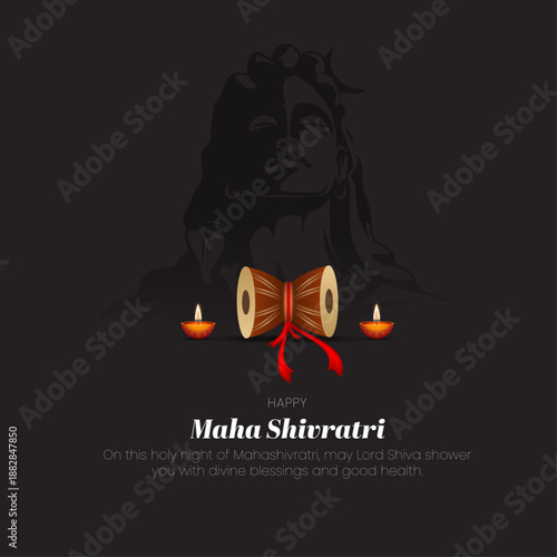 Maha Shivratri Greeting with Damru and Lord Shiva Silhouette, vector illustration.