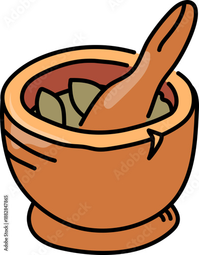 Bowl grinding herb with outline illustration