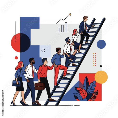Diverse business team climbing corporate ladder with mentorship support