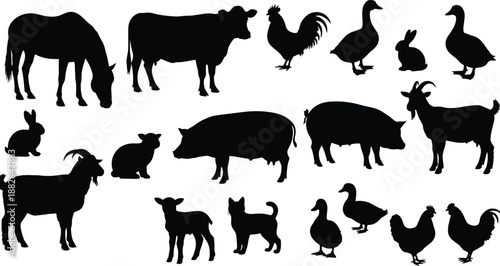 Set of farm animal silhouettes including horse, cow, pig, goat, chicken, duck, rabbit, cat and lamb, rural livestock icons for agriculture design.