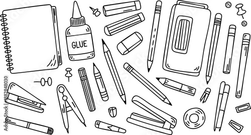 Stationery and School Supplies Icon Set – Pencil, Notebook, Glue, Pen, and Office Tools EPS Pack