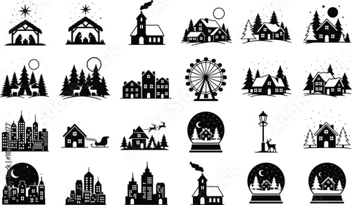 Black winter village and city silhouette icon set, Christmas houses, nativity, church, ferris wheel, snow globe, forest scenes, minimalist vector collection