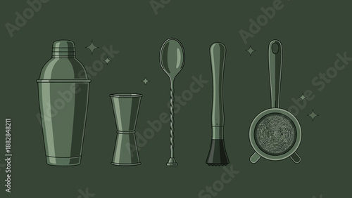 Essential Bar Tools Illustrated in Modern Green, Perfect for Cocktail Creations