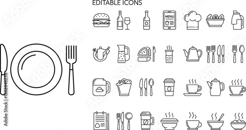 Black and white line of food and drink line food restaurant