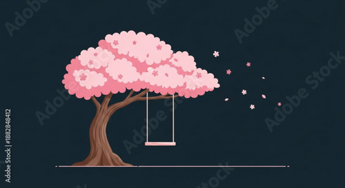 Pink cherry blossom tree with swing under blossoms falling at night on dark background