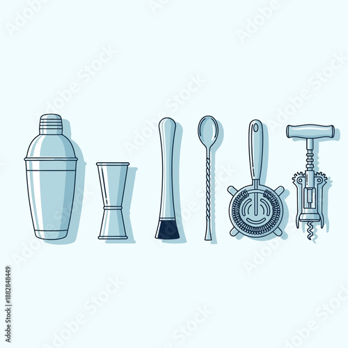 Essential Bar Tools Line Art Illustration For Cocktail Creation And Beverage Preparation