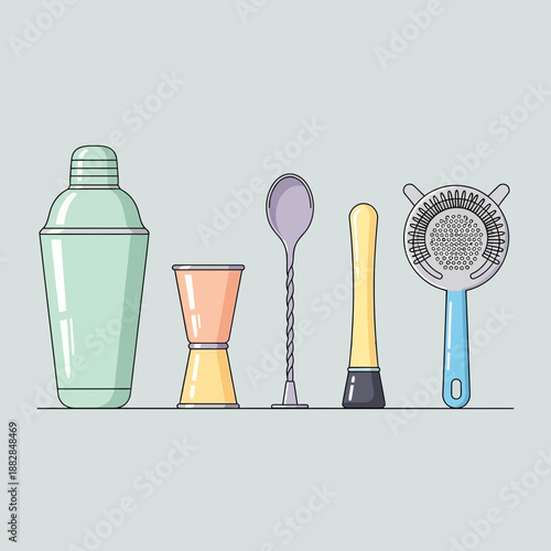 Essential Bar Tools Line Art Illustration Representing Cocktail Mixing Equipment and Preparation