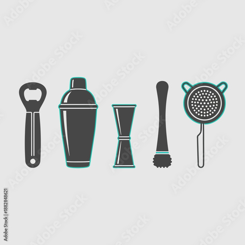Essential Bar Tools Silhouettes for Crafting Exquisite Cocktails and Beverages on a Gray Background