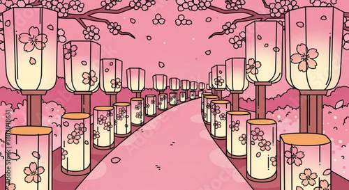 Pink pathway with floral lanterns and cherry blossoms in a serene japanese garden at dusk