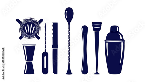 Essential Bar Tools Silhouettes in Stylish Blue Tones, Perfect For Drinks Preparation
