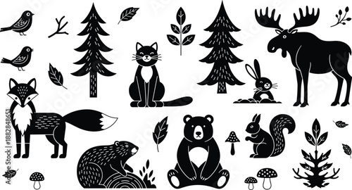 Cute forest animal silhouettes collection, woodland creatures with trees, leaves, birds and mushrooms set, black vector illustration for nursery, kids decor, wildlife, and nature design