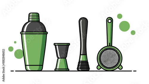 Essential Cocktail Tools Illustrated: Green Tones and Modern Barware for Refreshing Creations