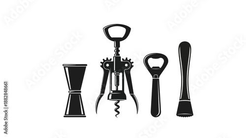 Essential Bar Tools Silhouettes for Crafting Beverages on White Background