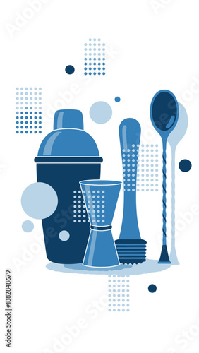 Essential Cocktail Tools: Blue Shaker, Jigger, Muddler, and Spoon Against White Background