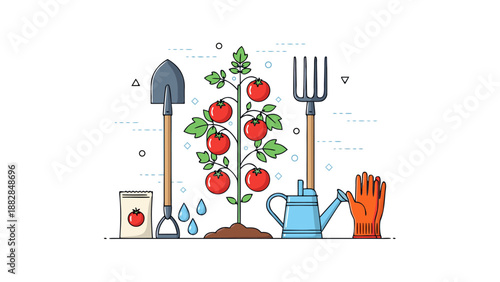 Gardening illustration vector with tomato plant, shovel, watering can, and gloves
