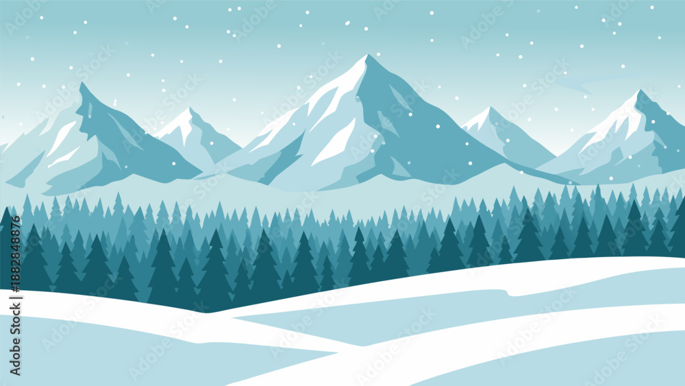 Fototapeta premium Winter mountain landscape illustration with snow-covered peaks and pine forest vector art