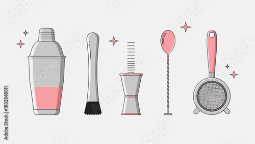 Essential Cocktail Tools Silhouetted Against a Light Backdrop With Delicate Sparkling Accents