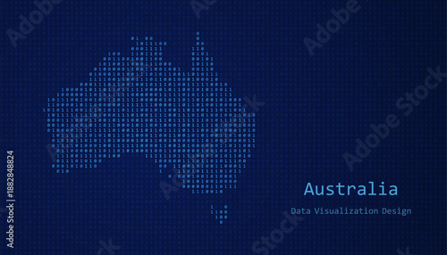 Australia map made of binary code on tech blue background
