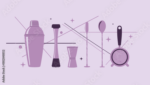 Essential Cocktail Tools Silhouetted Against a Purple Background with Geometric Design