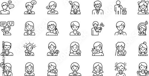 Black and white line set of people with various emotions line black and white faces expressions