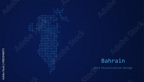 Bahrain map made of binary code on tech blue background